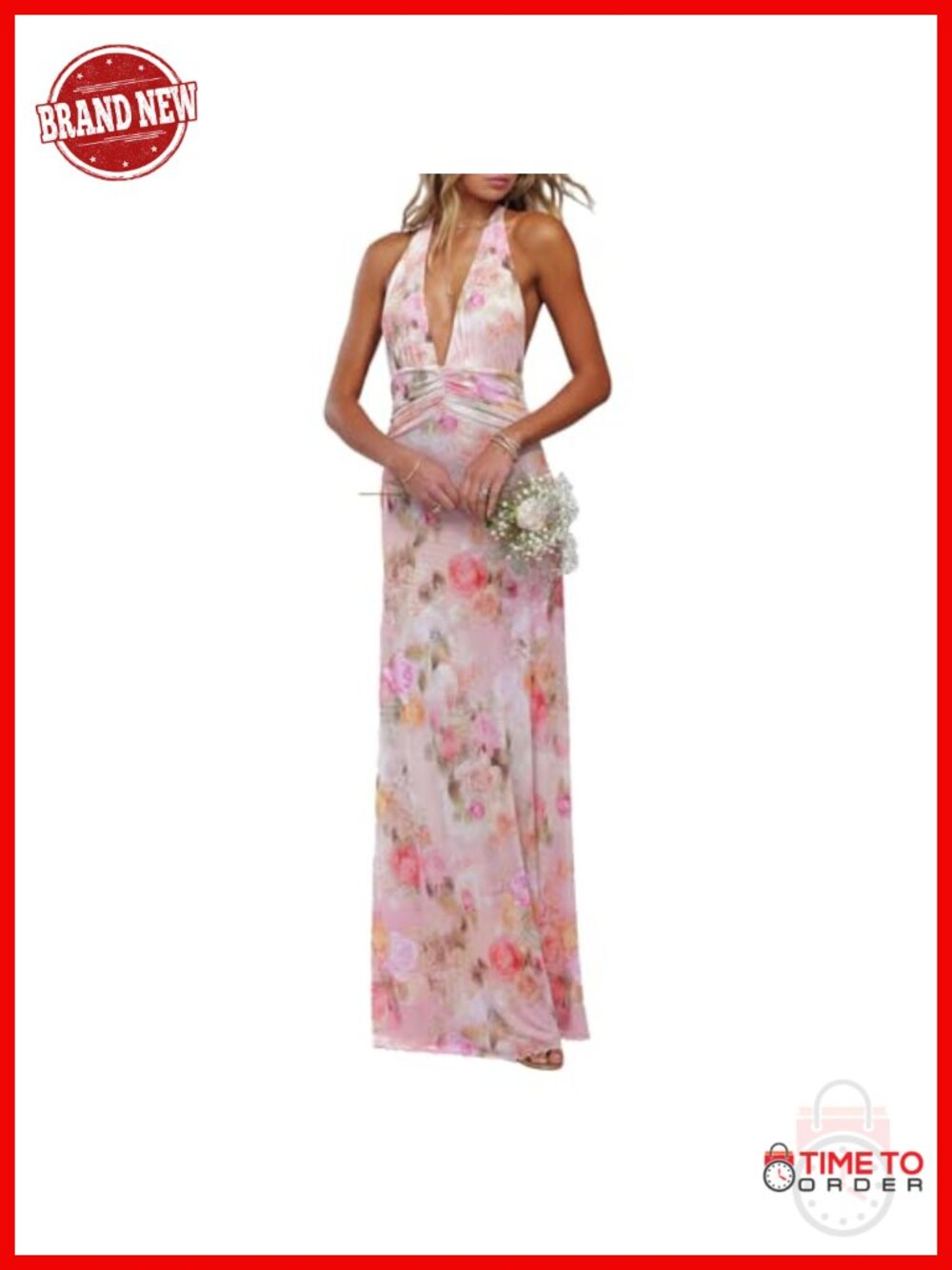 Women Halter Backless Maxi Dress Deep V Neck Mesh Wedding Guest